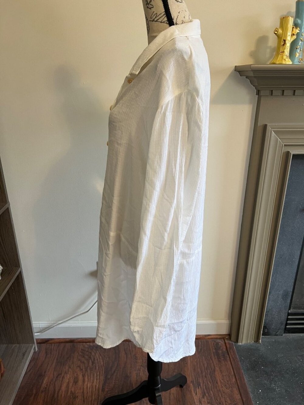Flax White Shirt Cover Up Button Front Long Sleeve Oversized Crinkle Gauze - Picture 4 of 8